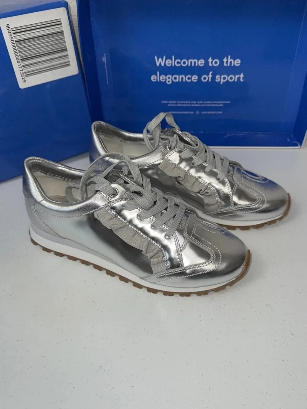 Tory Sport Metallic Silver Ruffle Trainer Sneakers Size 7.5